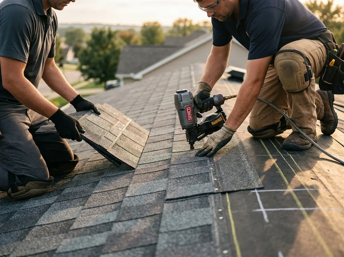 Professional roofer working on a residential roof in North Port